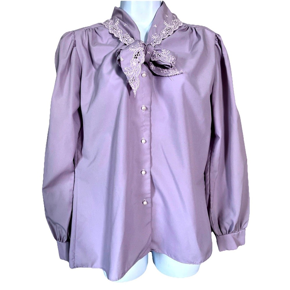 Vintage Laura Mae Blouse Womens L Lavender Ruffle Bow Neck Tie Lace Puff Sleeve
